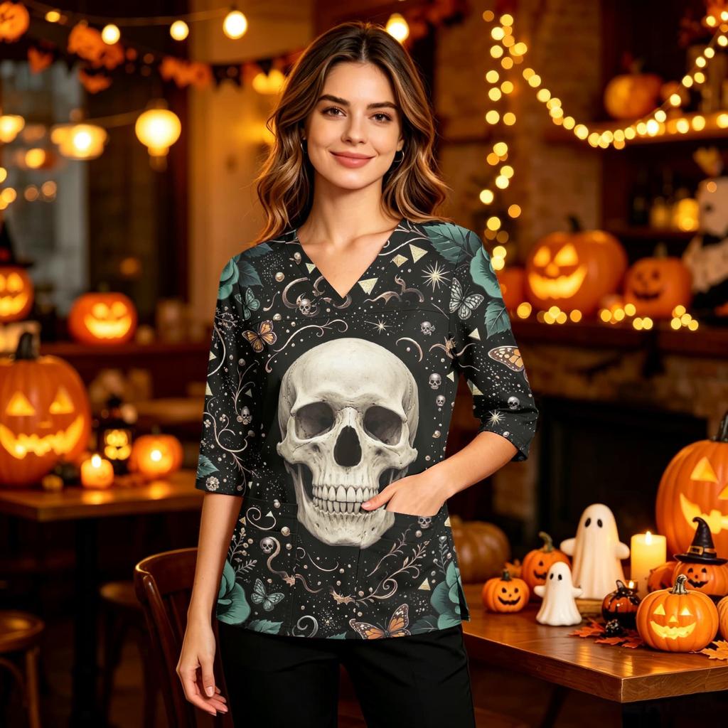 Women's Casual Halloween Print Uniform Top with V-Neck, Pockets and Side Slit, Three-Quarter Sleeve