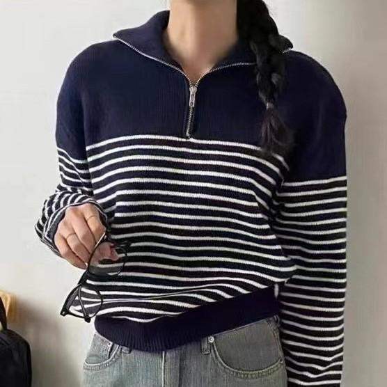Autumn and winter new loose casual sweater women's semi-zipper pullover striped knitted sweater top