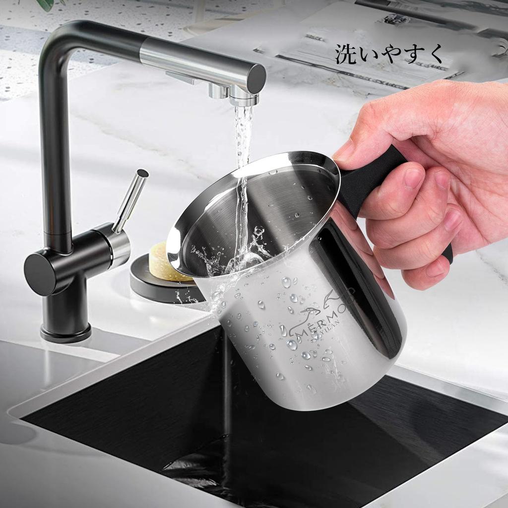 MERMOO YILAN Milk Frother, Stovetop Safe, Teflon Coated, 400ML, Stainless Steel, Black, Portable Coffee Maker for Espresso, Latte, and Macchiato, for