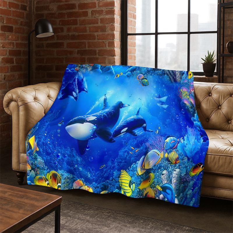

3D Illusion Underwater World Marine Life Shark Dolphin Cartoon Flannel Blanket Throw Blanket for Bedroom Living Room Bed Travel 75x90cm