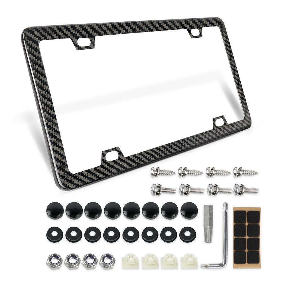 100% Real Black Carbon Fiber License Plate Frame Silm 4 Holes With Screws Caps Complies With US Canadian Mexico Standards License Plate Covers Frames