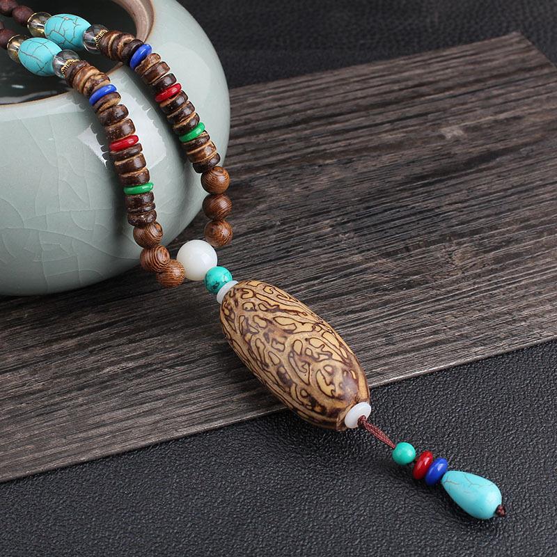 BLINGBAY Women's Pendant New Ethnic Style Necklace Vintage Wood Bead Sweater Chain Long Bodhi Pendant Girls Party Jewelry Gifts
