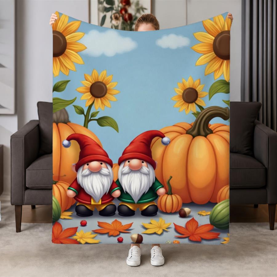 Cozy Autumn Gnome Flannel Throw Blanket - Soft And Warm with Pumpkin And Sunflower Print, Ideal for Couch, Bed, Office & Travel, Perfect Fall Gift for