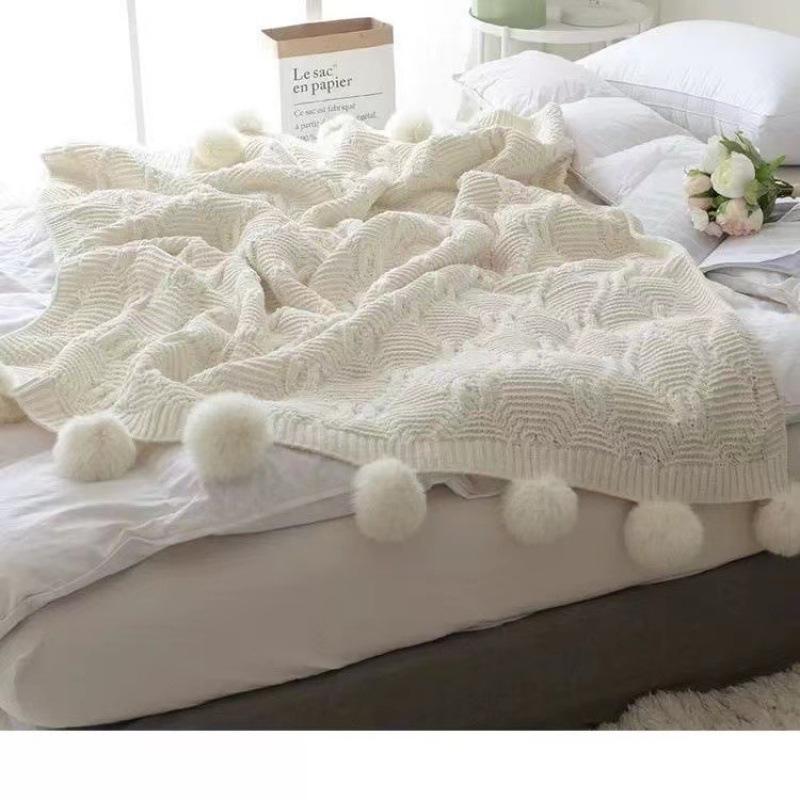 

Північна Легка Розкішна В язана Вовняна Ковдра з Декоративними Помпонами - Потовщена Накидка на Диван, Край Ліжка або Шарф 130x170 cm білий/слонова кістка