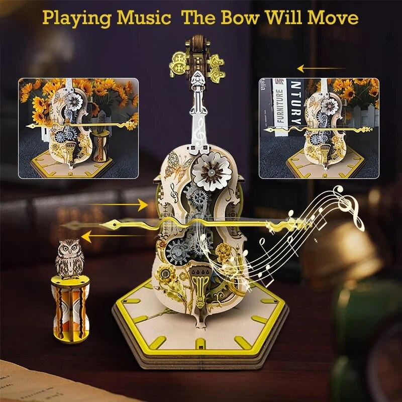 3D dřevěné puzzle Kouzelné violoncello mechanická hrací skříňka s pohyblivou stopkou Vtipná kreativní hračka pro dítě Sada stavebnic pro dívky Dospělý