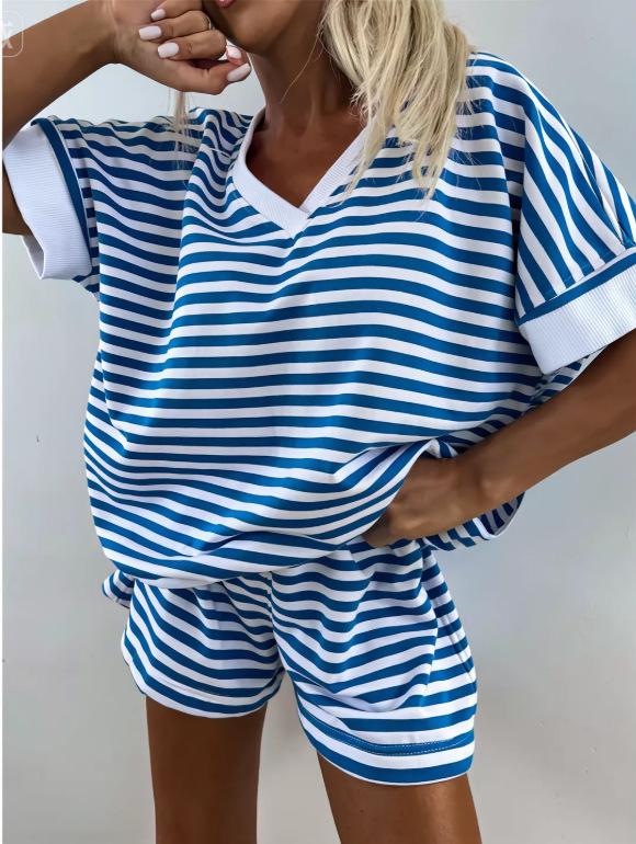 Women's Summer Striped V-Neck Two-Piece Set: Casual Loose Top & Sports Shorts