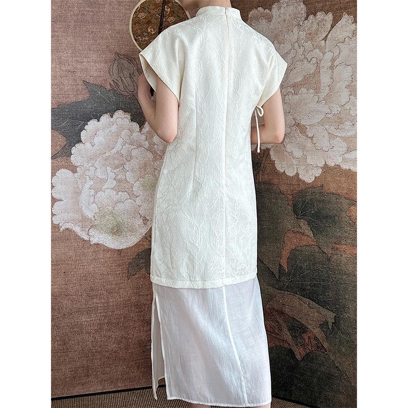 Luxi Jacquard New Chinese Style Cheongsam Dress with Mesh Hem and Tie-Up Placket