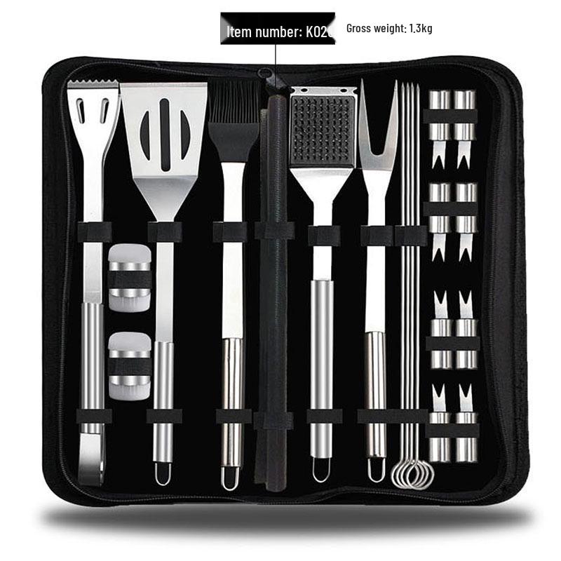 Meigo Stainless Steel BBQ Tool Set, 32 Pieces, with Portable Cloth and Aluminum Case Options, New.