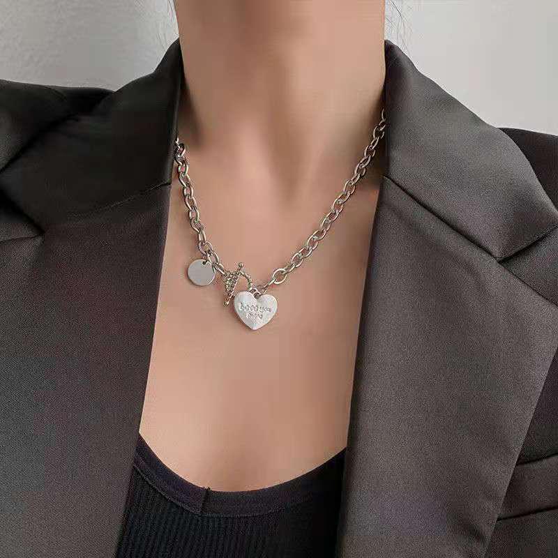 Trendy Titanium Steel Heart Necklace - Short Length Stainless Steel Letter Pendant Fashion Accessory