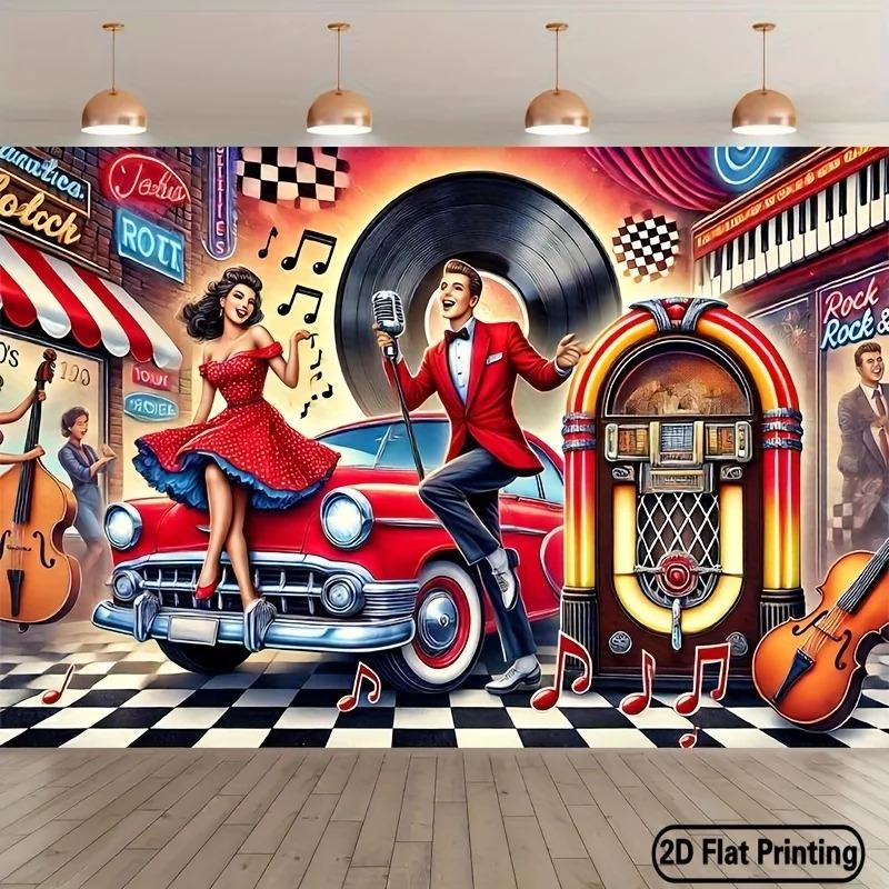 Textilien Unisex Peach 2D Flat Printed Vintage 1950S Rock And Roll Tapestry Skin Classic Car Jukebox Wall Hanging Americana Retro Party Decor
