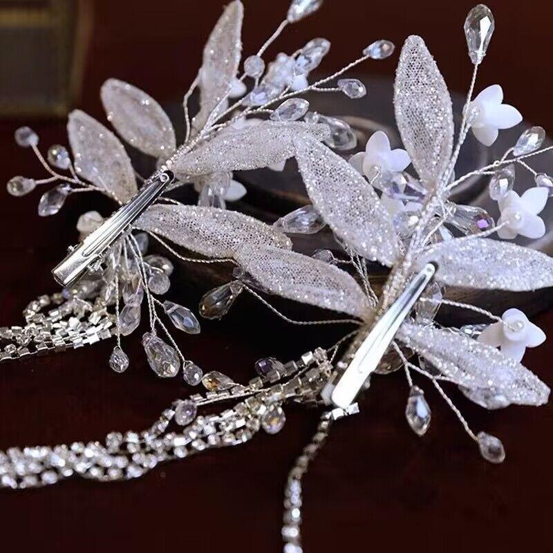 White gauze hairpins, Japanese and Hansen crystal flower side clips, wedding heel makeup, and hair accessories