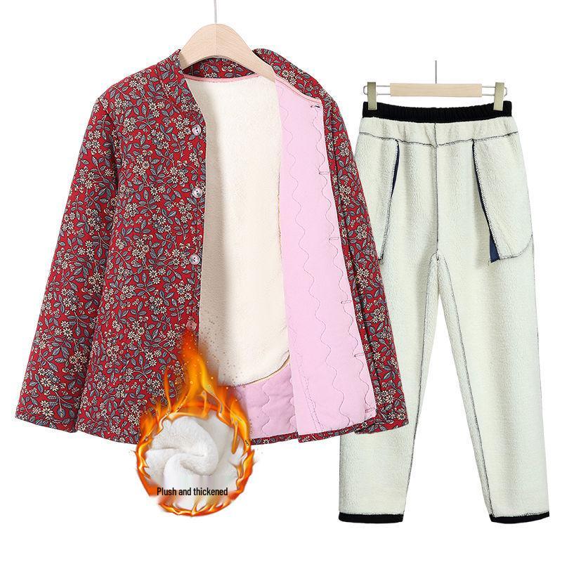 Grandma's Winter Floral Cotton Jacket with Velvet Lining - Warm, Thickened, Small Size for Elderly Women
