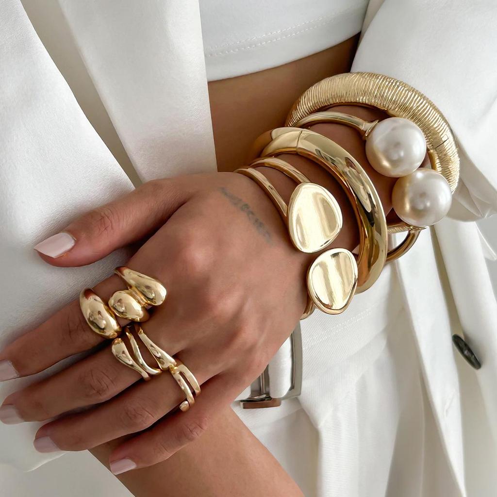 European & American Cross-Border Stackable Double-Layer Round Disc Smooth & Irregular Alloy Bracelet Set