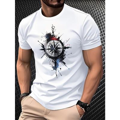 European Sizes Men's Casual Short Sleeve T-Shirt with Compass Print - Breathable Polyester Round Neck Tee