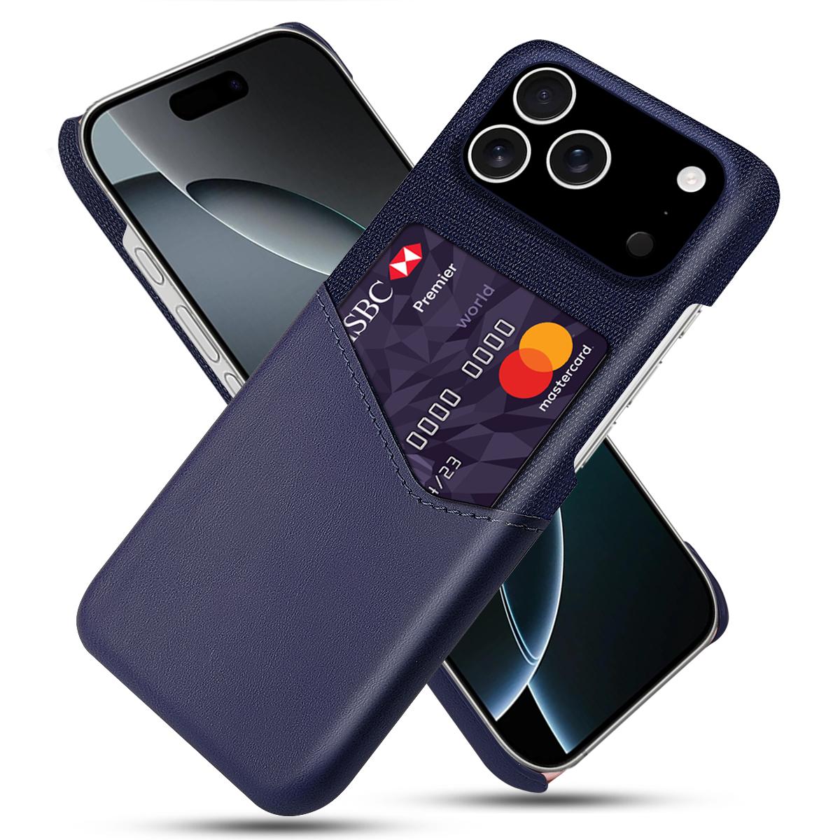 

Для iPhone 17 Pro Чехол из ПУ кожи с тканевой текстурой, Жесткий ПК чехол для телефона с держателем для карт Blue