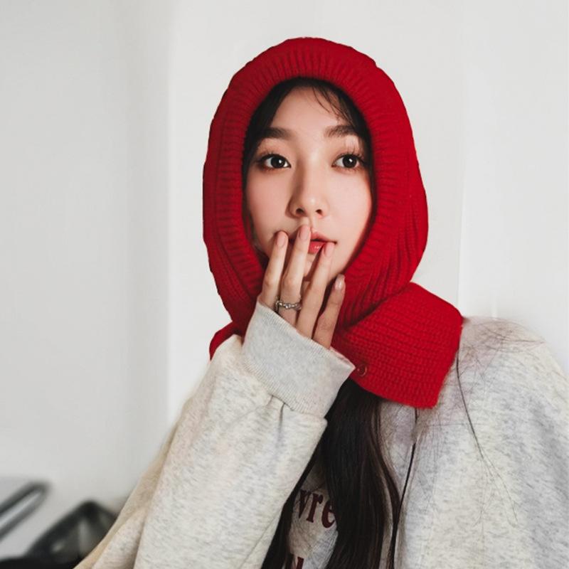 Balaclava Korean Fashion Autumn and Winter Red Knitted Hat Fashionable Warm Head Hat Wool Hat Neck Protection