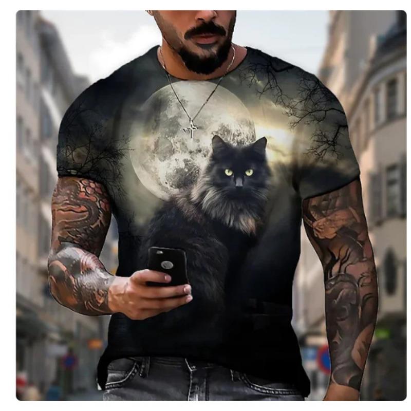 Summer Round Neck 3D Cat Print Top Fashionable Casual Short Sleeved Men's T-shirts