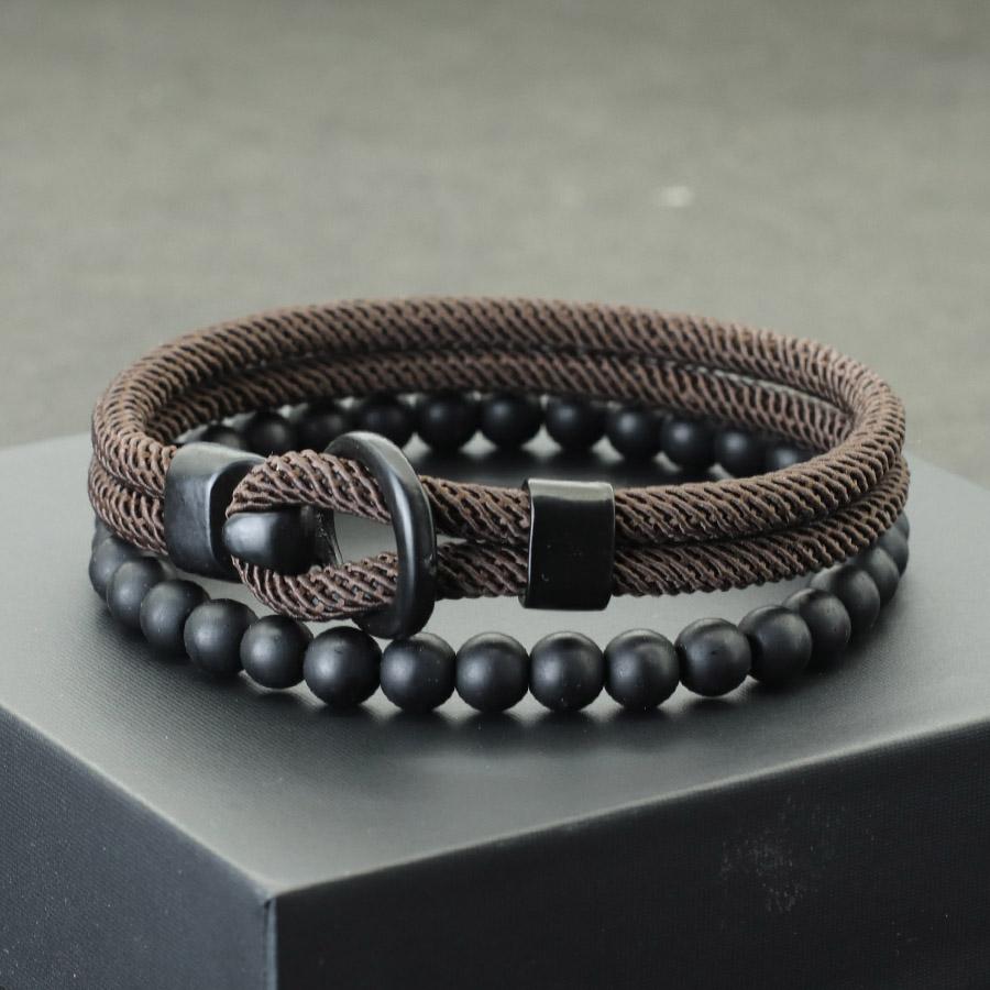 Noter Neues 2-teiliges/Set Herren Armband-Set Doppellagiges Seil Nautisches Armband 6mm Schwarzer Onyx Stein Armband Freizeit Zubehör Pulseria