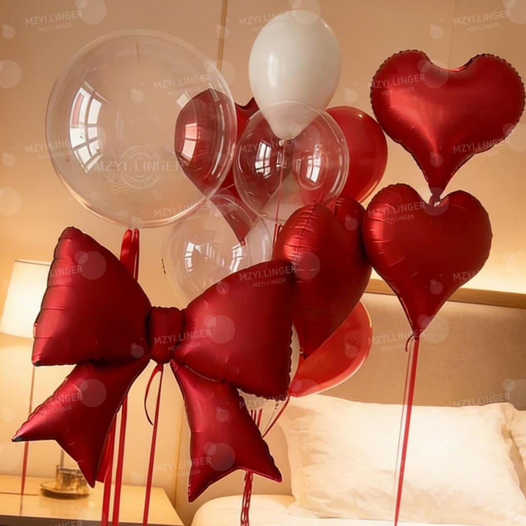 Bow Balloon and Red Heart Balloon Set Transparent Bobo Balloon for Valentine's Day Proposal Wedding Romantic Birthday Decor