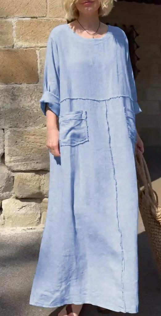 2024 Summer Women's Solid Color Cotton & Linen Dress with Pockets