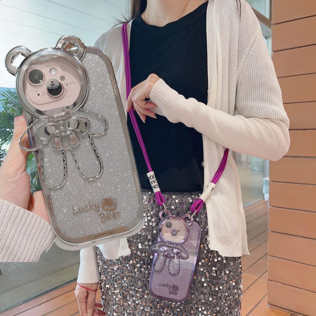 Cartoon Cute Bear Compatible with Apple 16 Crossbody Phone Case iPhone 15 Pro Max Stand 14 Lanyard 12 Glitter
