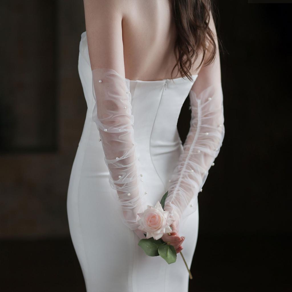 Ruffled Glove Easy Elegant Arm Cover Pearls Long Sleeve Decorative Tulle for Wedding False Pearls Gloves Sheer