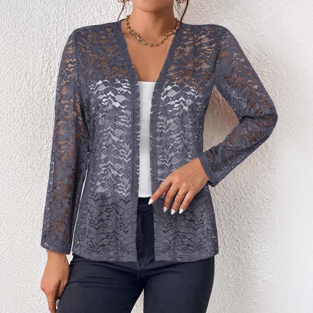 Ein neuer Herbst-Casual-Unifarbener, Vielseitiger, Durchbrochener Spitzen-Langarm-Kurz-Cardigan-Top