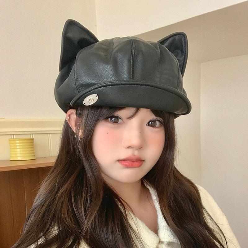 New PU Leather Hat for Women Japanese Retro Cute Cat Ears Beret Autumn Versatile Painter Octagonal Hat