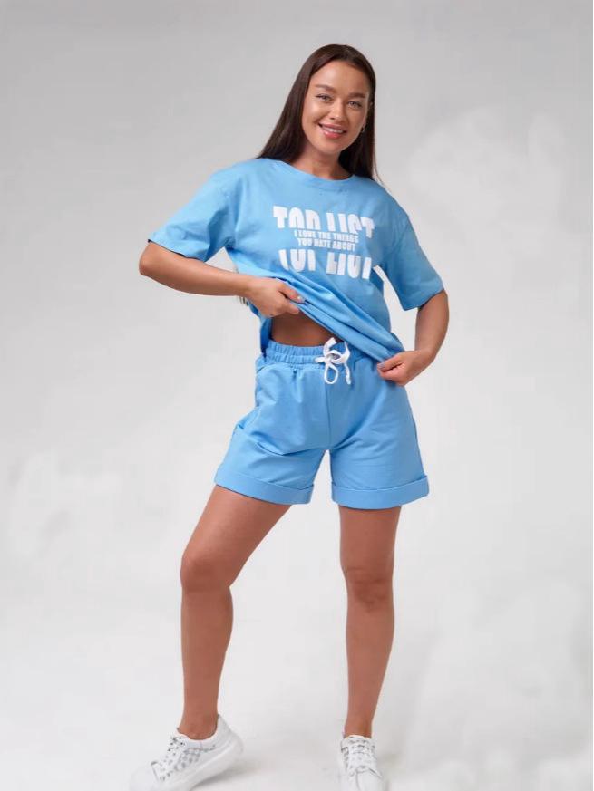 European-American Summer Casual Home Shorts Set - Letter Print Pullover & Short Sleeves