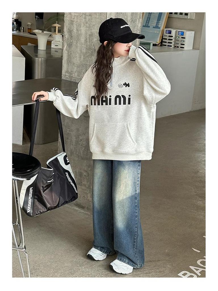 Trendy 2025 Girls' Autumn Sweatshirt & Jeans Set - Fashionable Two-Piece for Older Kids