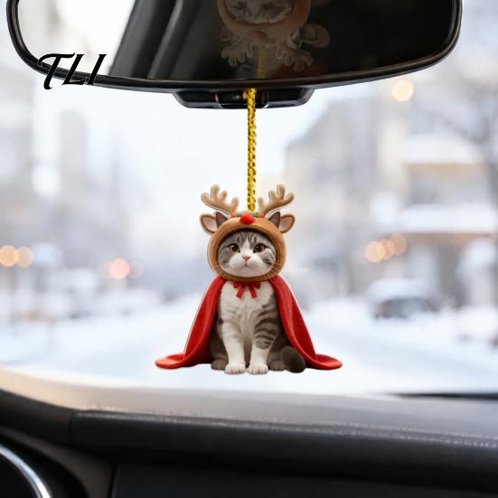 Christmas Tree Ornaments Cat Ornament, 2D Flat Cartoon Acrylic Kitten Wearing Cape And Festive Car Rearview Mirror Charms Hat Hanging Decoration