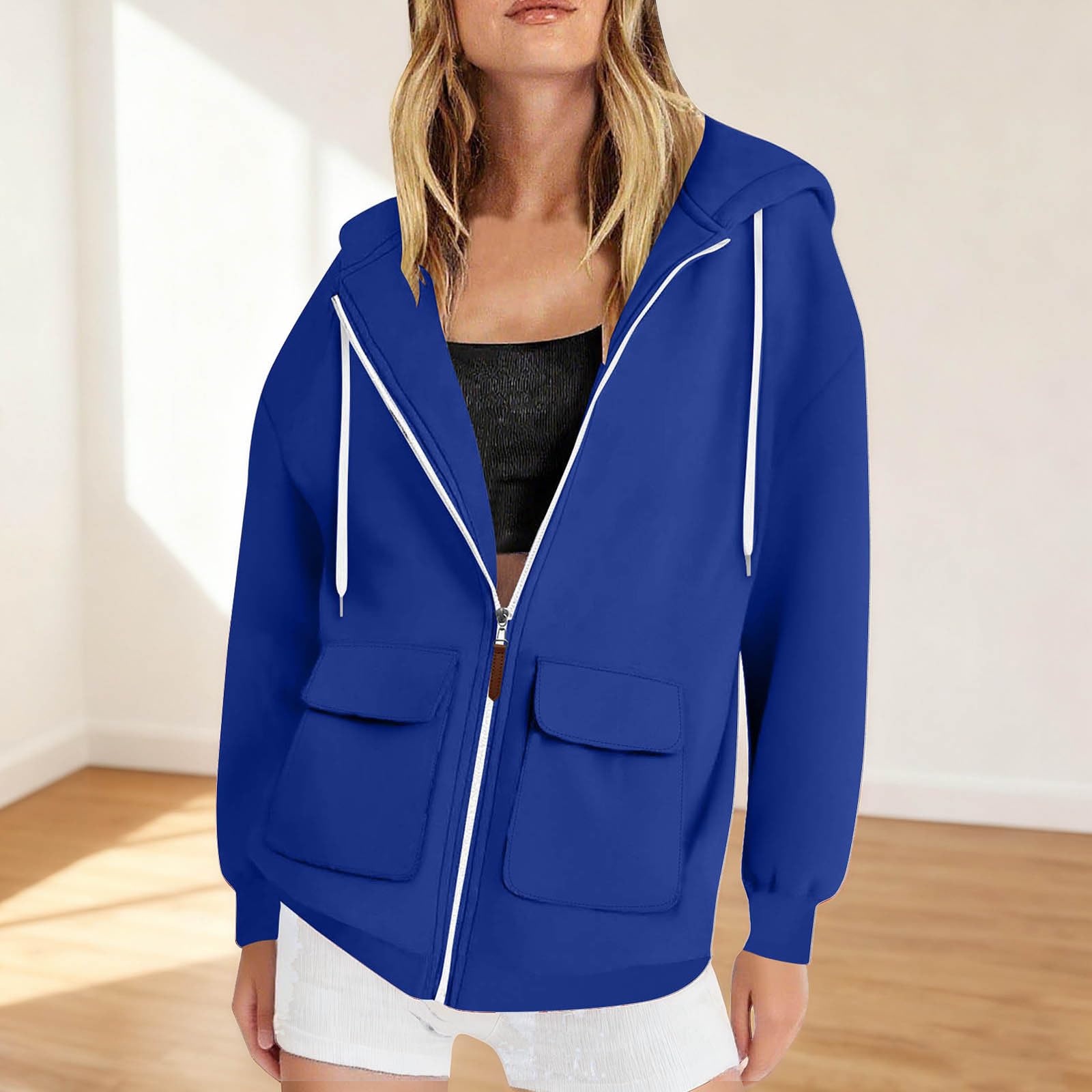 

Женская модная однотонная толстовка с капюшоном, длинными рукавами, повседневная, на молнии, с карманами M