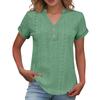 Women Short Sleeve Button Front Eyelet Embroidered Top V Neck Casual Blouse with Rolled Cuffs for Daily Wear