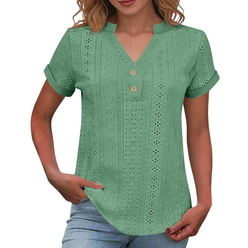 Women Short Sleeve Button Front Eyelet Embroidered Top V Neck Casual Blouse with Rolled Cuffs for Daily Wear