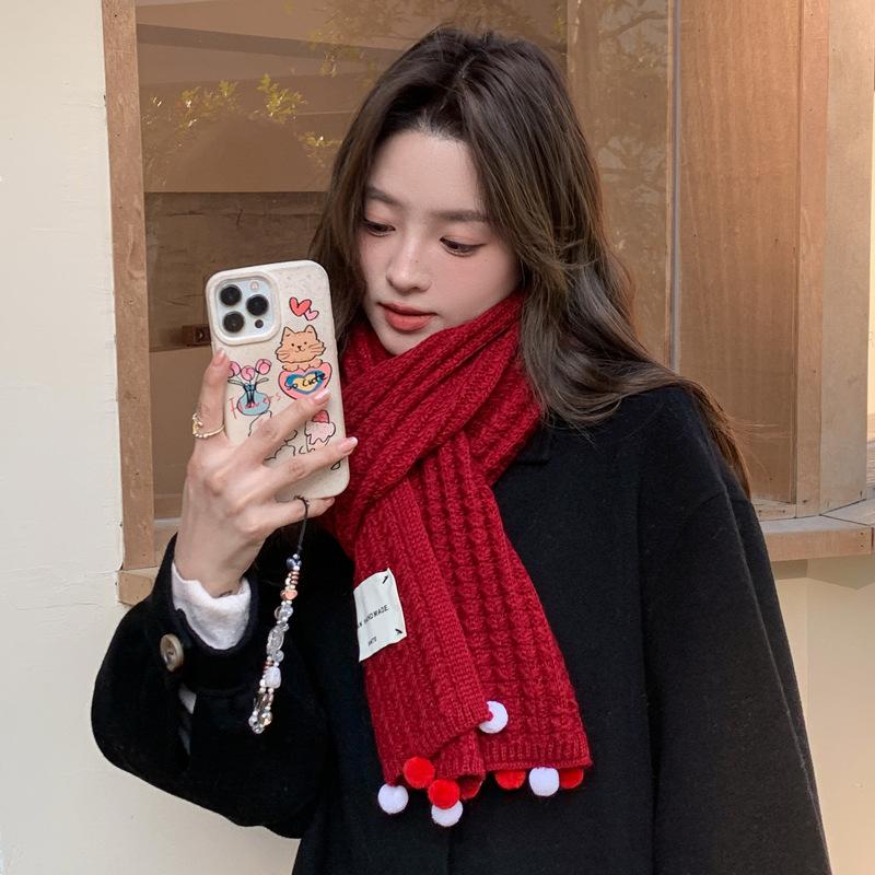 New knitted hairball red scarf women's winter versatile neck protection scarf cute and advanced sense