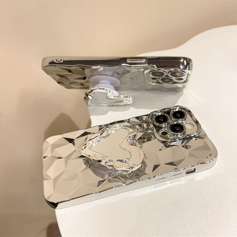 Luxury 3D Diamond-patterned Plated Love Stand Case for iPhone 15 Pro Max 14 Plus 13 12 11 7 8Plus SE 2020 All-inclusive Fall Protection Cover