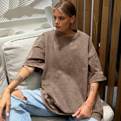 Women T-shirt Round Sleeve Loose Fit Color Washed Tee Shirt Solid Neck Short Distressed Retro Pullover