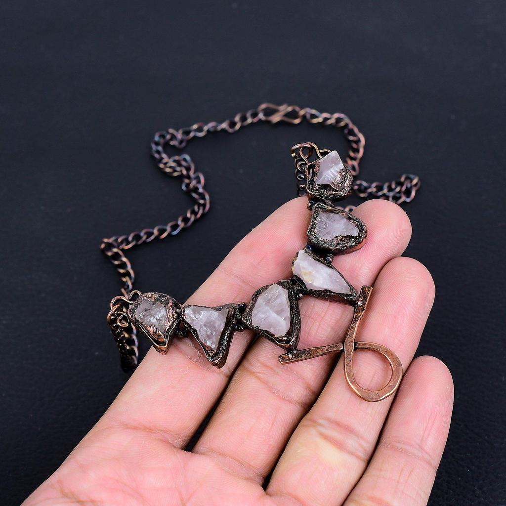 Rose Quartz Necklace, Gemstone Copper Electroformed Handmade Wonderful Jewelry Necklace, Gift for Introverted