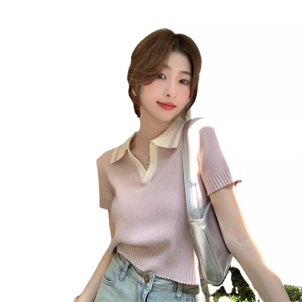 Summer New Design Polo Neck Ice Silk Knitted Shirt Slim Sleeve Short Sleeve T-Shirt Women's Short Top