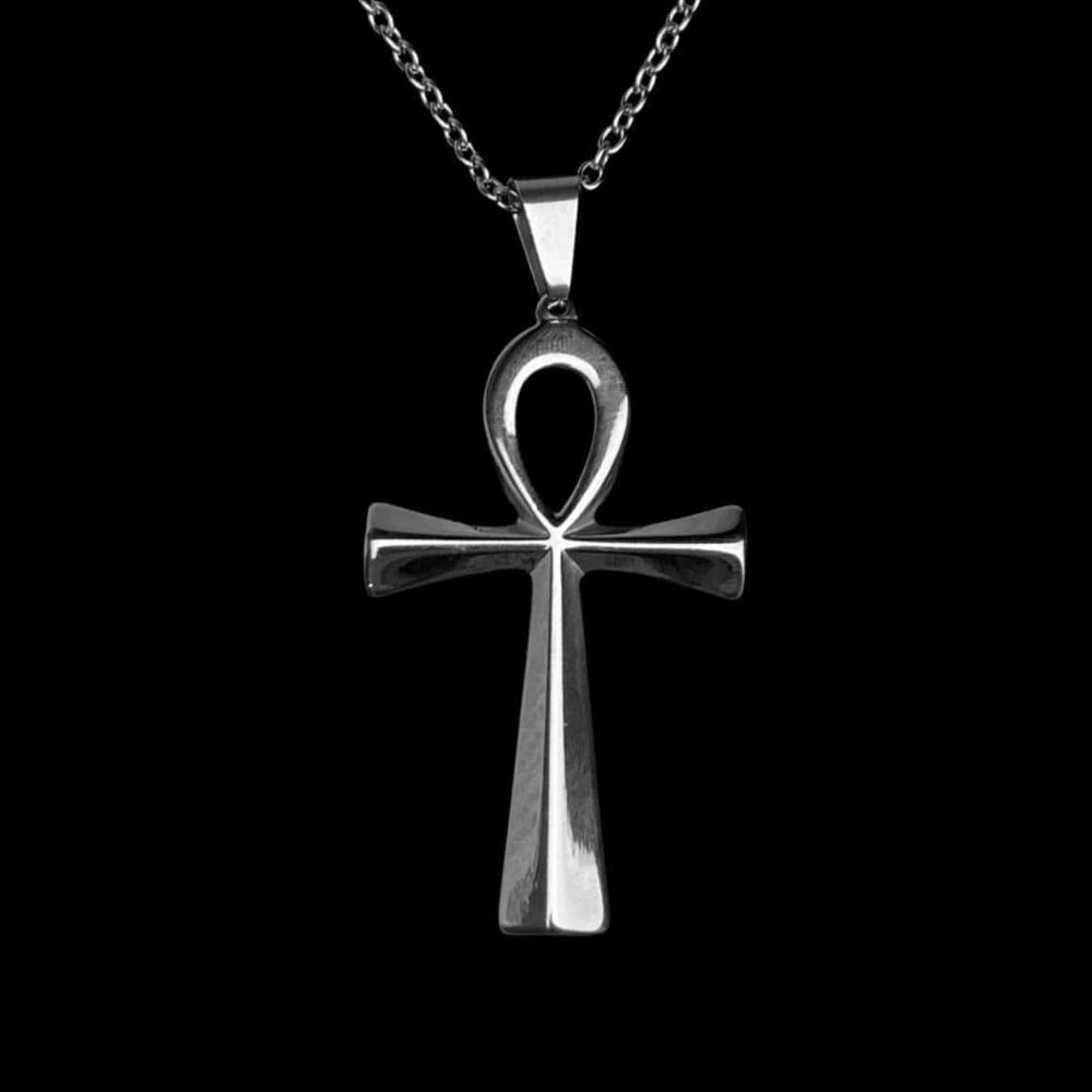 Gothic Sliver Color Ancient Egyptian Cross Pendant Hoop Earrings Necklace for Women Halloween Party Witch Amulet Jewelry Sets