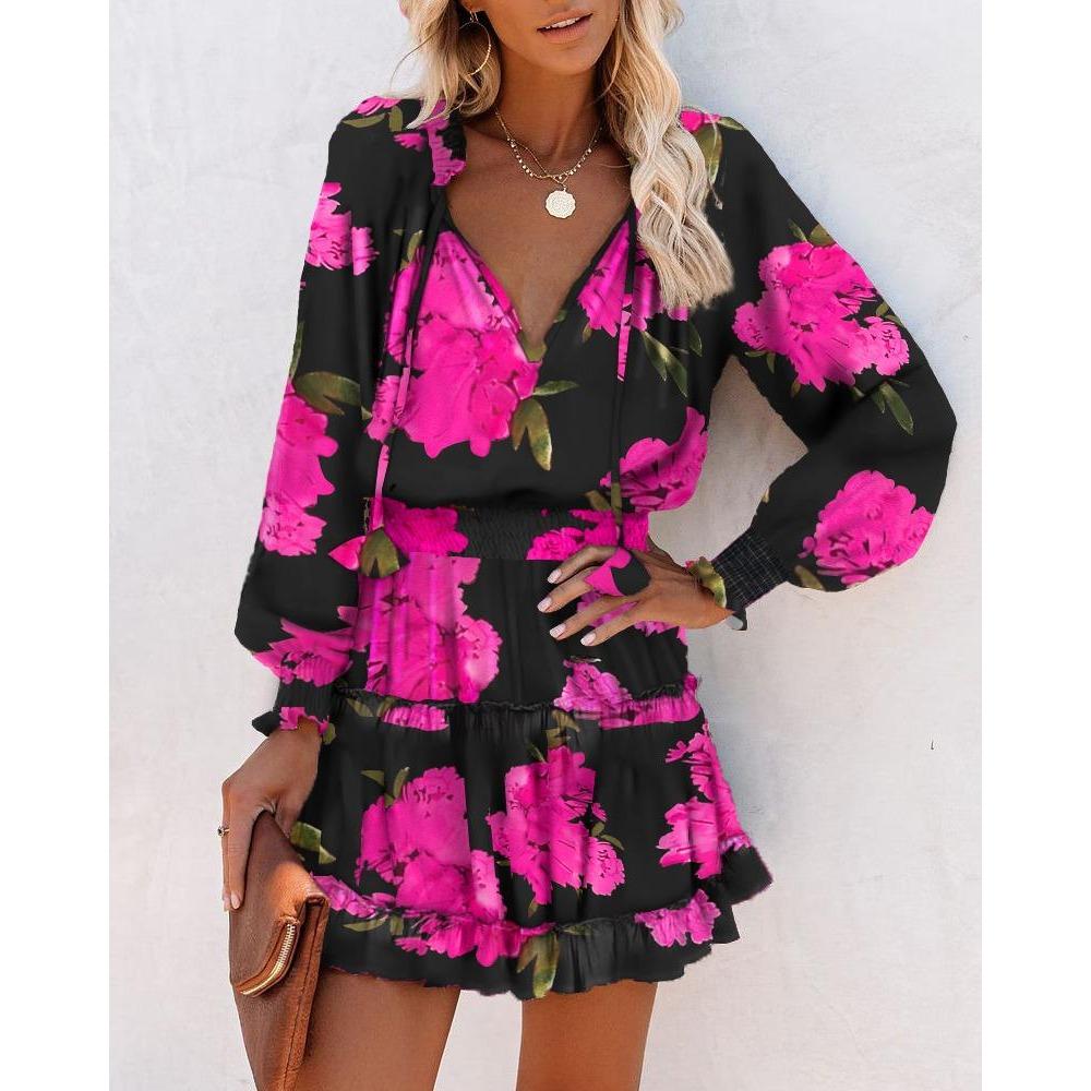 IHUASU Spring Summer Long Sleeve V-neck Fashion Print Waist Dress for Women