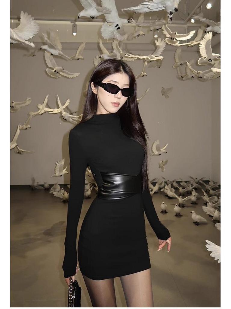 Women's Black High Neck Bodycon Mini Dress - Spring/Autumn Slim Fit