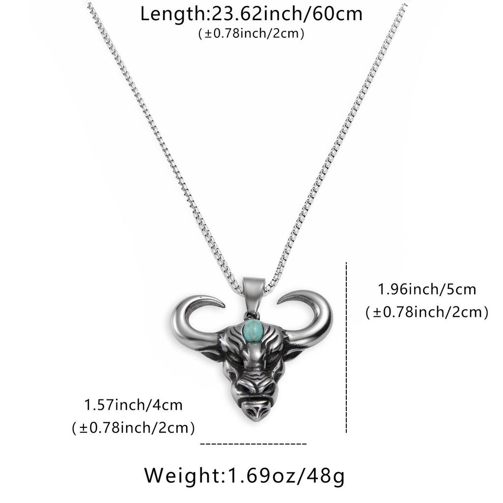 Men's Distressed Long Box Chain Necklace with Stainless Steel Faux Turquoise Bull Head Pendant