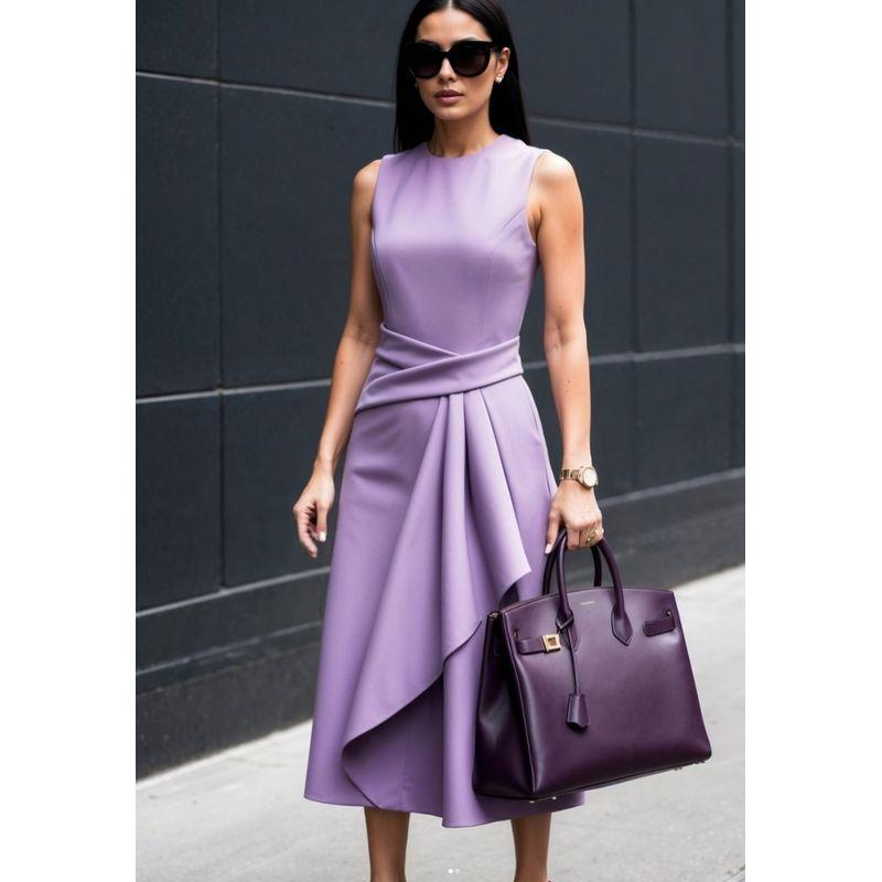 

Sleeveless off-the-Shoulder Summer Solid Temperament Waist Hugging Sleeve Asymmetric Dress Women Temperament Dress Purple S