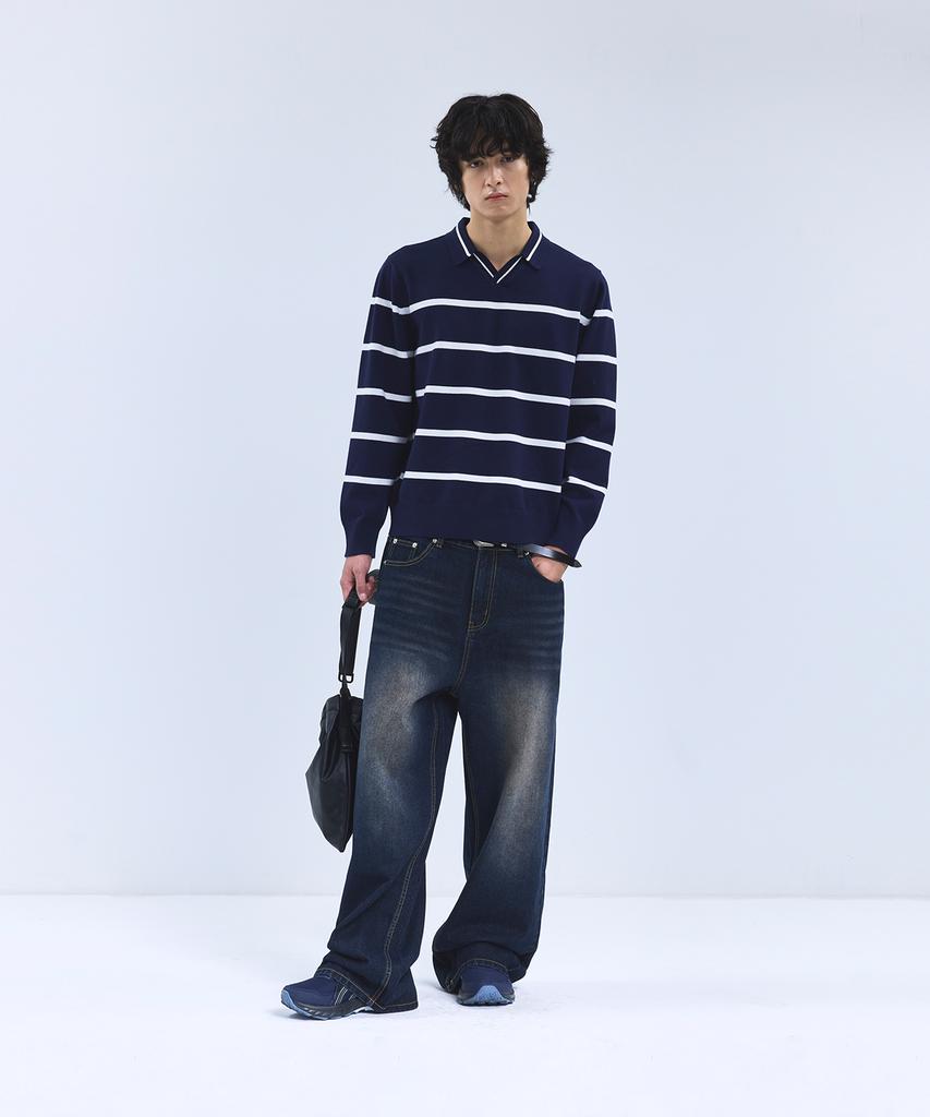 IRONYPORNO WHITELINE 86-Iroj365 Open-Neck Striped Long-Sleeve Knit Blue