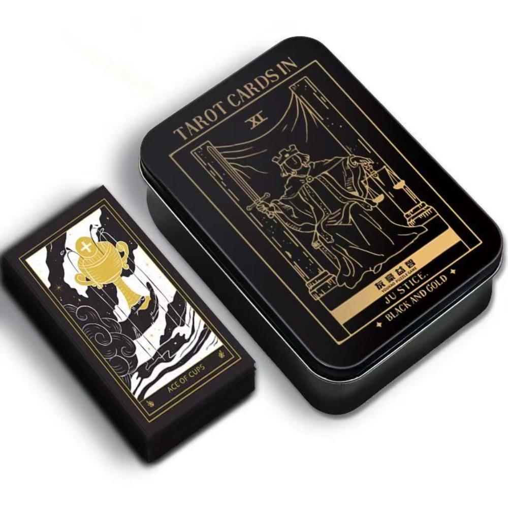 Mystic Noir Elegant Black & Gold Tarot Deck 10*6cm, Full 78-Card Set in Metal Tin, Travel-Size Deck for Wisdom and Guidance