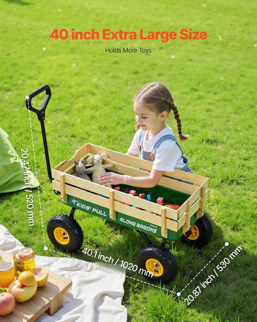 Pull-Along Wagon for Kids, 101cm Toddler Wagons with Wooden Panels & Handle, Supports Up To 150kg, All-Terrain Utility Wagon Cart Birthday Present for