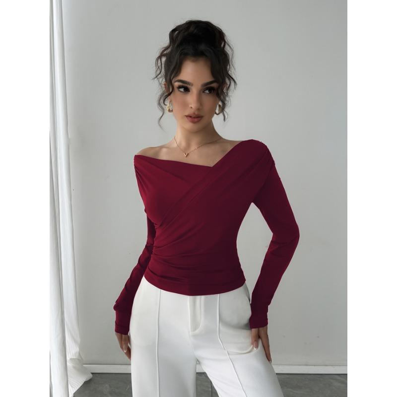 DAFIFY Women's Fashion Casual Spring Autumn Solid Color Print Long Sleeve Oblique Collar Blouses & Shirts