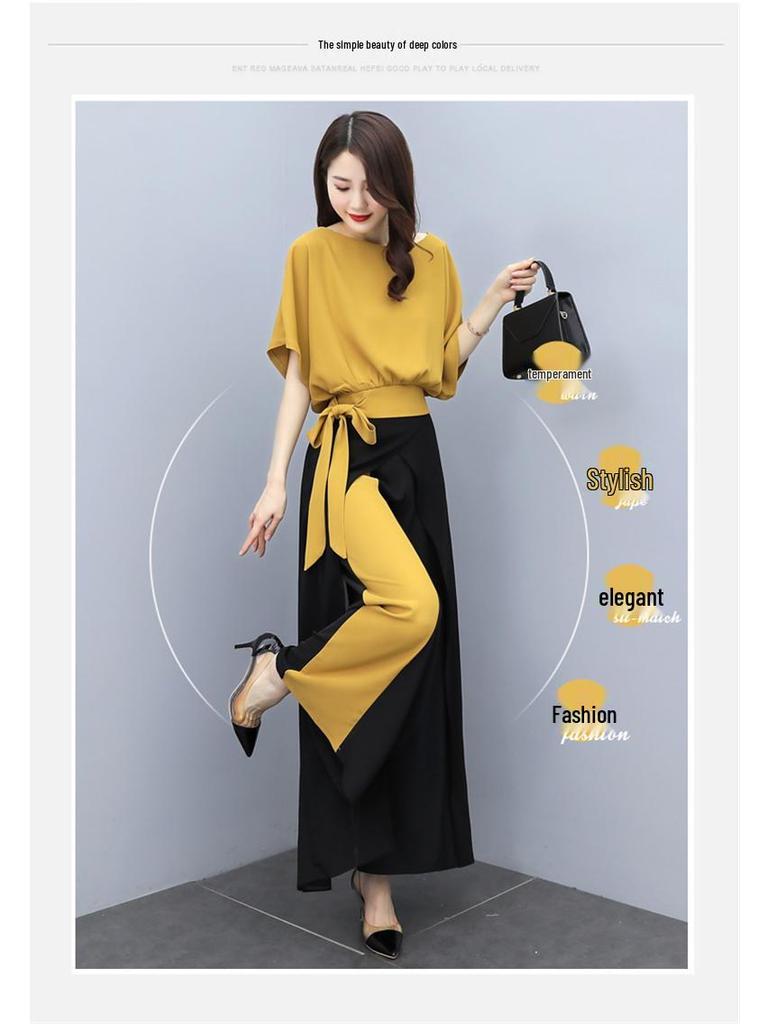 2022 Summer Chiffon Wide-Leg Pants Set: Elegant Goddess Style Two-Piece for Women - Fashionable, Drapey, Slimming.