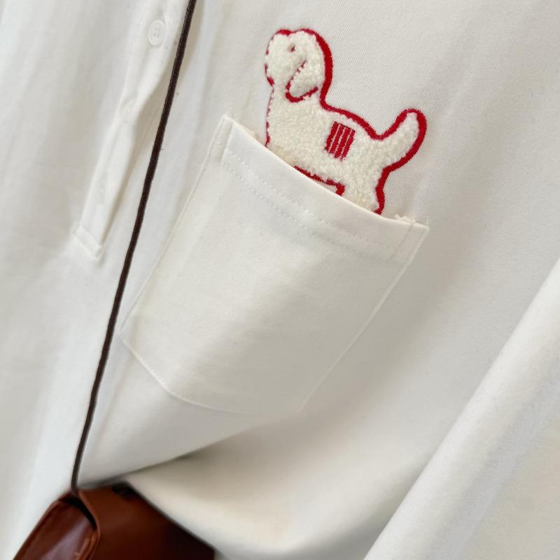 White cotton pocket lace embroidered splicing long-sleeved T-shirt women's loose crew neck top